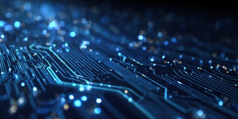 Close-up of glowing circuit board pathways. Detailed intricate network of blue illuminated tracks on a dark background, with small glowing points of light highlighting the connections