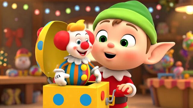 Elf in Santa's Workshop Plays With a Jack in the Box on Christmas Eve in the North Pole Toy Shop