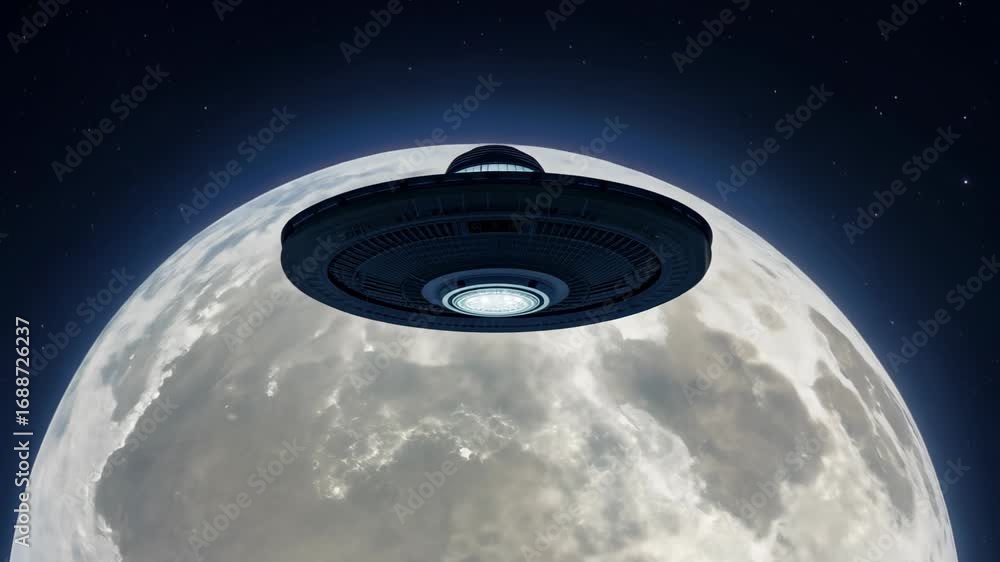 Poster a stunning depiction of a futuristic spacecraft traversing the vastness of space, hovering above a l