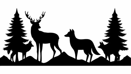 Silhouette illustration of deer, wolves, and pine trees in a landscape against a white background scene