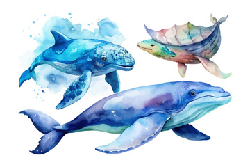 Obraz premium Ocean Animal Watercolor Set with Whale, Dolphin, and Sea Turtle