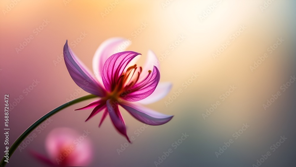 Poster cinematic macro shot of a flower, with a blurred foreground and soft background. depth of field effe