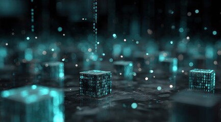 Digital cubes with teal glowing data streams. Dark, futuristic city-like scene
