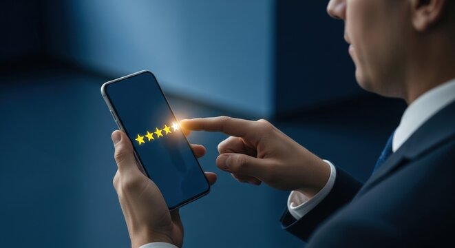 Homme d&rsquo;affaires client donnant une &eacute;valuation cinq &eacute;toiles sur smartphone, concept d&rsquo;avis, notation de service et satisfaction client sur fond de bureau.