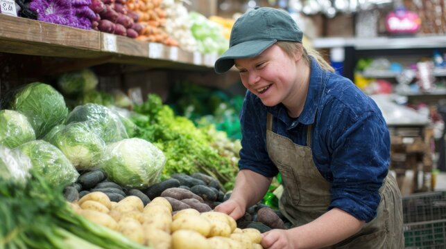Smiling worker with down syndrome arranges fresh vegetables in local market during daylight hours - Powered by Adobe