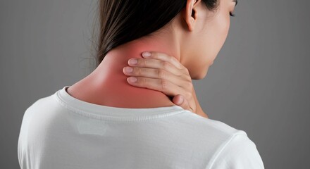 Woman experiencing intense neck pain with red inflammation visible, seeking relief and comfort from discomfort