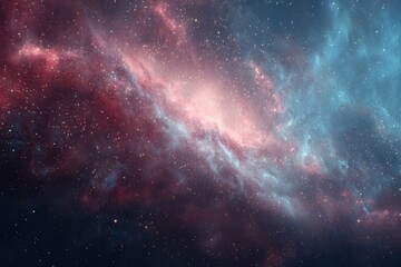 Naklejka premium Cosmic nebula swirling in vibrant hues of pink, red, and blue, dotted with distant stars