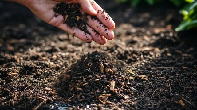 Hand pouring rich soil over a mound in a vibrant garden, showcasing gardening techniques and nature