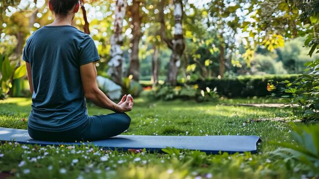 A person practicing meditation outdoors in a lush green environment, emphasizing tranquility and mindfulness. This peaceful scene captures a moment of calm and balance in nature.