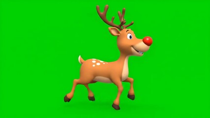 Rudolph the Red Nosed Reindeer Walks Across a Green Screen Background, Holiday Animation for Festive Projects and Christmas Content