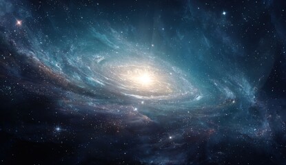Spiral galaxy, vast expanse of space.  Cosmic swirl of nebulae, stars, and celestial dust.  Vibrant, deep blues and whites, detailed textures