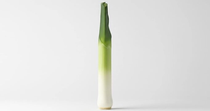 Fresh leeks standing upright on a plain background