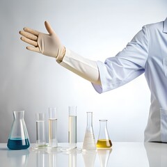Scientist wearing gloves and lab coat points to beakers with blue and yellow liquid on a table
