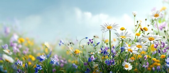 Fototapeta premium A vibrant meadow of wildflowers in soft light against a light blue sky