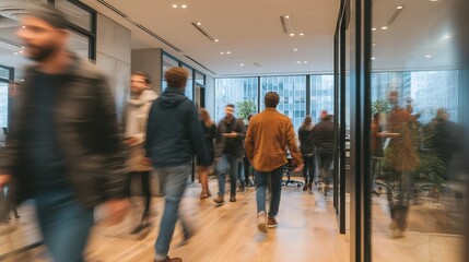 Motion blur of employees moving through office meeting rooms, fast-paced work environment, efficiency and project management