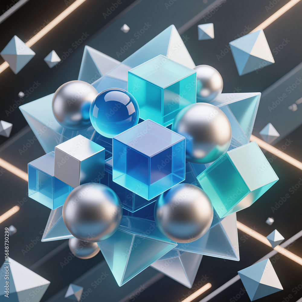 Poster a striking assembly of geometric shapes, including transparent cubes and spheres, creates an abstrac