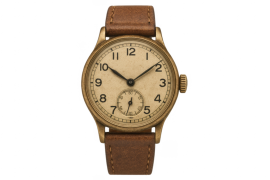 Vintage gold wristwatch with brown leather strap on transparent background