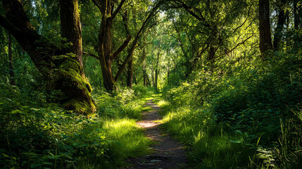 Obraz premium Lush green forest pathway surrounded by towering trees and vibrant foliage, inviting exploration and adventure in a serene natural environment with sunlight filtering through leaves
