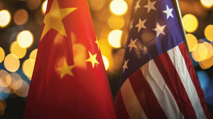 3D render of Chinese and American flags waving side by side in the wind, symbolizing diplomacy