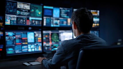 Specialist in a dark server room observing security dashboards and alert notifications, multiple monitors reflecting green and blue glows