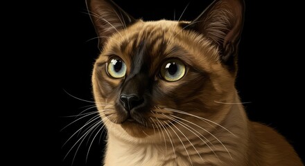 Close up portrait of a beautiful siamese cat with striking blue eyes against a dark background