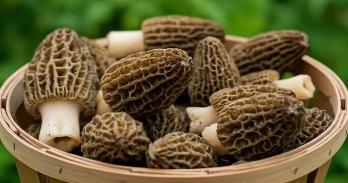 Fresh morel mushrooms in a wooden basket outdoors
