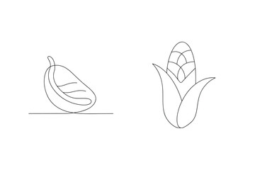 Banana and corn cob continuous line drawing fruit vegetable