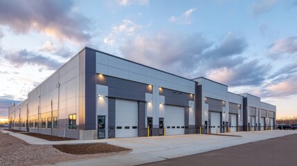 Obraz premium Newly constructed industrial warehouse complex features multiple loading docks and smooth parking area under a vibrant sunset sky with scattered clouds.
