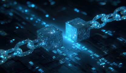 Digital cubes linked by a chain, glowing with blue light on a circuit board