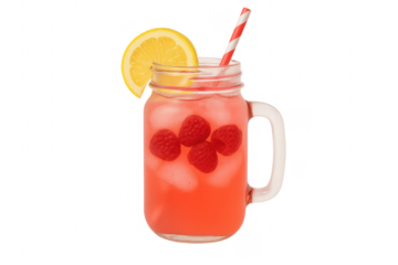 Refreshing raspberry lemonade with ice, lemon slice, and paper straw in a mason jar on transparent background