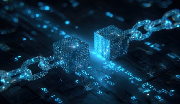Digital cubes linked by a chain, glowing with blue light on a circuit board