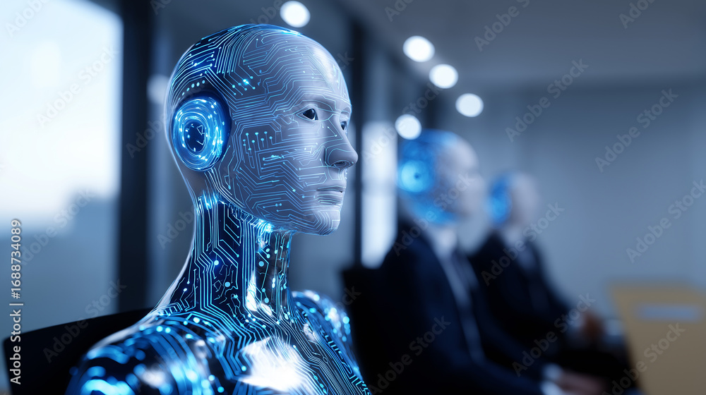 Poster futuristic humanoid robot with illuminated circuits sitting in an office environment.