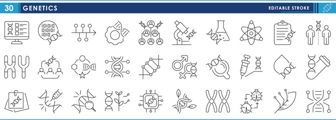 A set of line icons related to Genetics. Gene, DNA, science, biotech, study, and so on. Vector editable stroke.