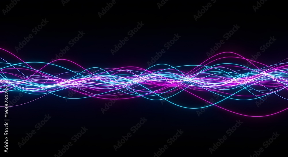 Poster abstract glowing wavy lines forming a colorful sound wave pattern on a dark background, representing