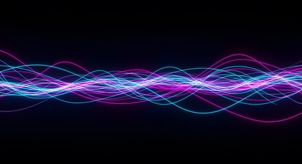 Abstract glowing wavy lines forming a colorful sound wave pattern on a dark background, representing audio visualization and digital art