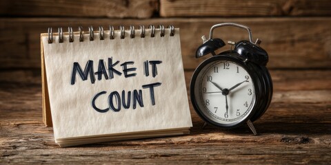 Make It Count Motivational Message .Notebook with motivational message and alarm clock placed on wooden surface reminding to value time and make each moment matter