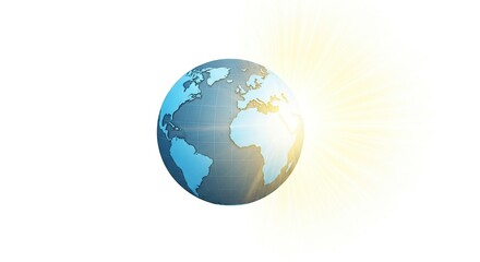 Globe with Earth Continents in Blue and Gray Colors Bright Sunlight Shining From Right Side