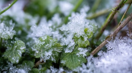 Green leaves are blanketed by delicate frost crystals in a serene outdoor setting early in the morning. Sunlight highlights the frost, creating a stunning contrast.