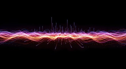 Abstract visualization of a futuristic digital sound wave with glowing orange and purple energy particles on a dark background