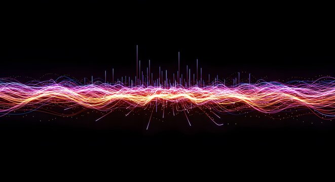 Abstract visualization of a futuristic digital sound wave with glowing orange and purple energy particles on a dark background - Powered by Adobe