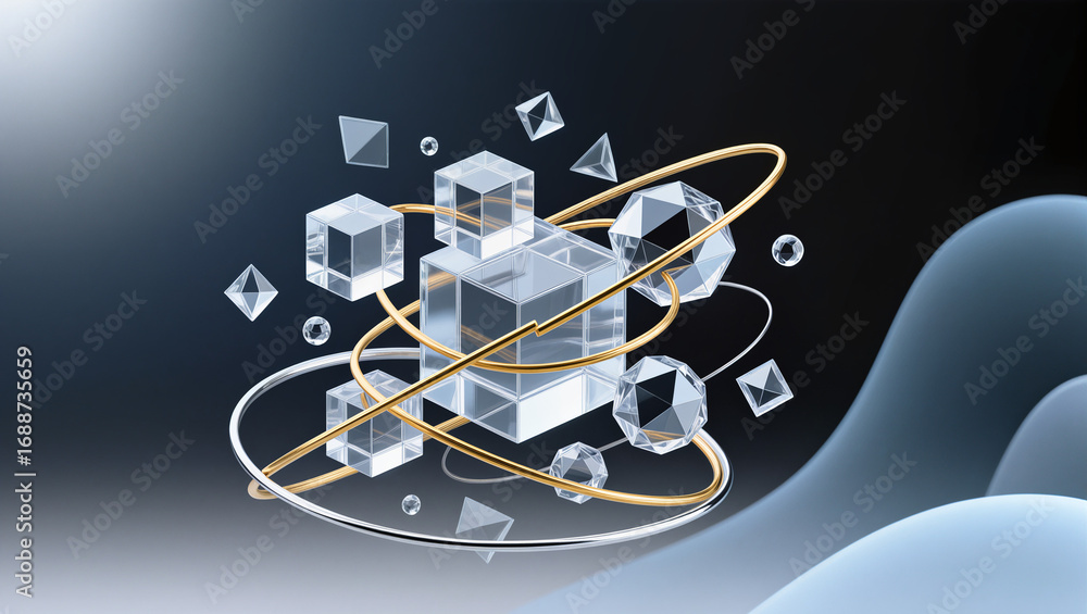 Poster a collection of geometric shapes including cubes and diamonds arranged in a dynamic composition, sho