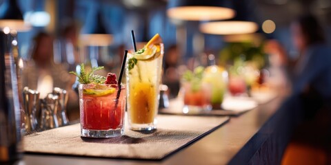 The vibrant cocktails on a stylish bar counter at a lively venue.
