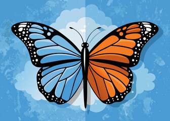 Split butterfly with blue and orange wings on cloudy sky background