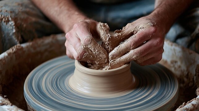 Creating a unique pottery piece on a spinning wheel with skilled hands crafting the clay in an artisan studio setting during the day