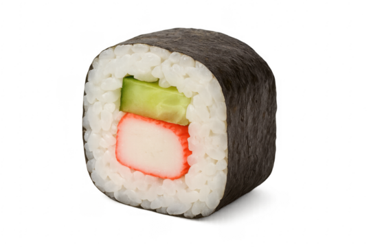 Fresh sushi roll with cucumber and surimi on transparent background
