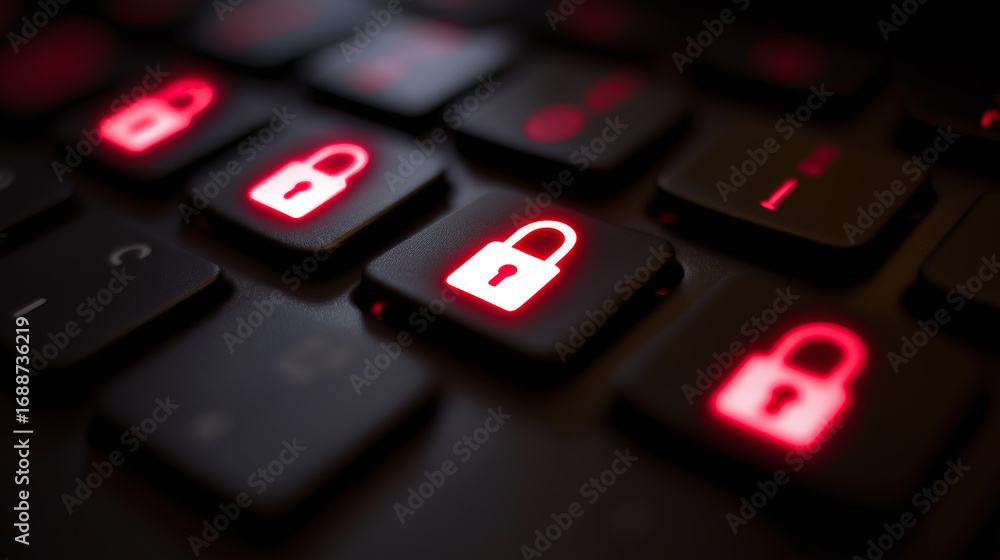 Poster close-up of illuminated red lock icons on a computer keyboard.
