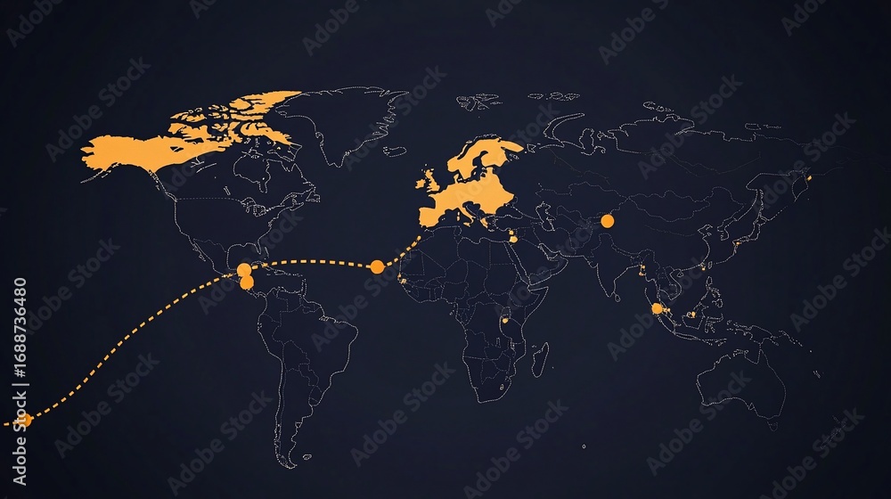 Poster global connection: abstract world map highlighting key locations and travel routes