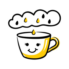 Minimilist cartoon illustration of a cup with a smiley face under a cloud raining yellow drops on a white background vector