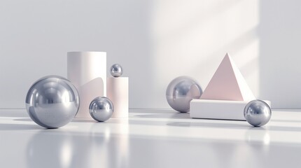 Abstract geometric shapes minimalist background with metal spheres and pastel pyramid render design