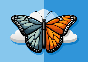 Split monarch butterfly in a blue sky with clouds